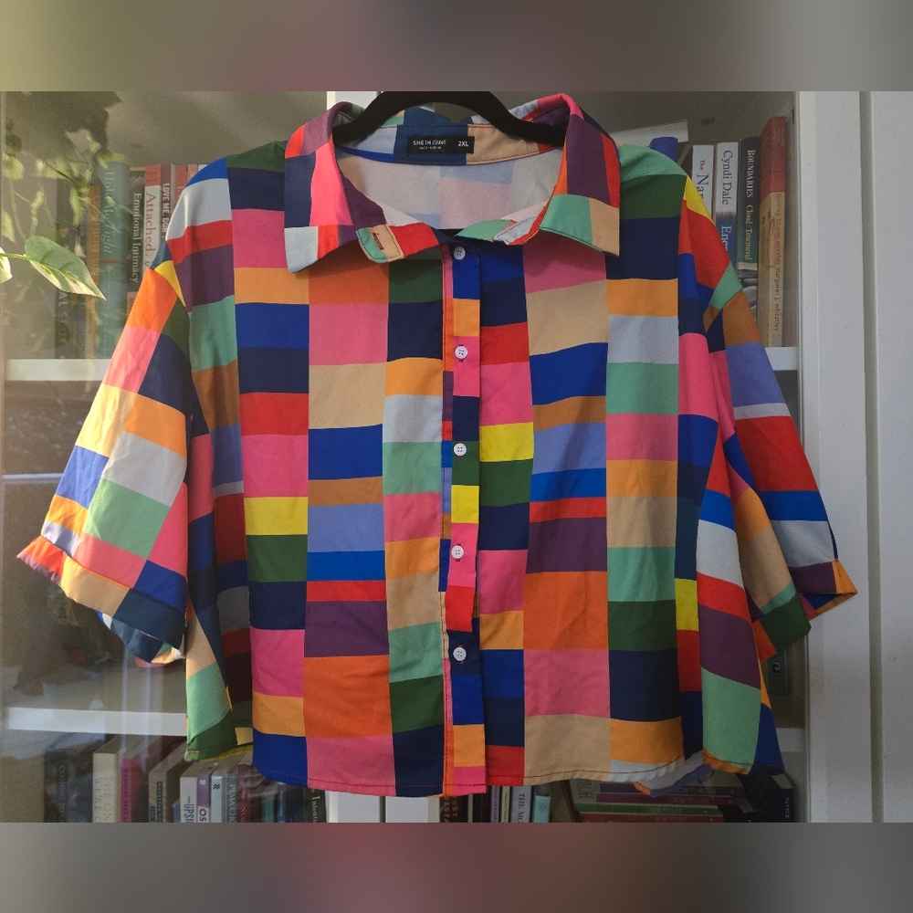 Colourful Checkered/Plaid Button-Up Short Sleeve Shirt with Collar - Picture 5 of 11